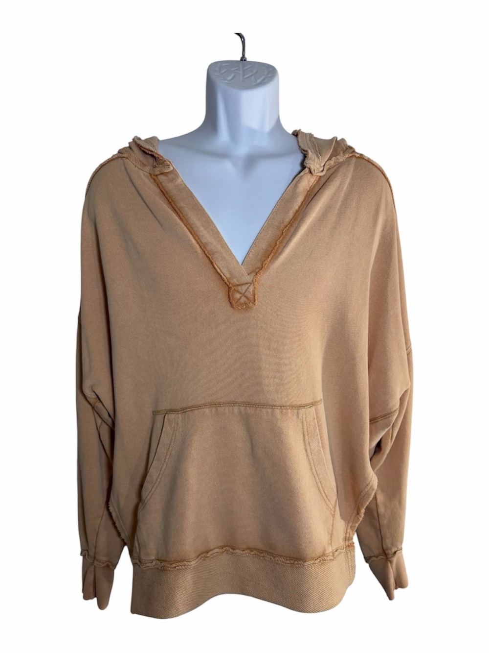 We The PeopleTan Oversized V Neck Hoodie Small Distressed Boho Kangaroo Pocket - Picture 2 of 9